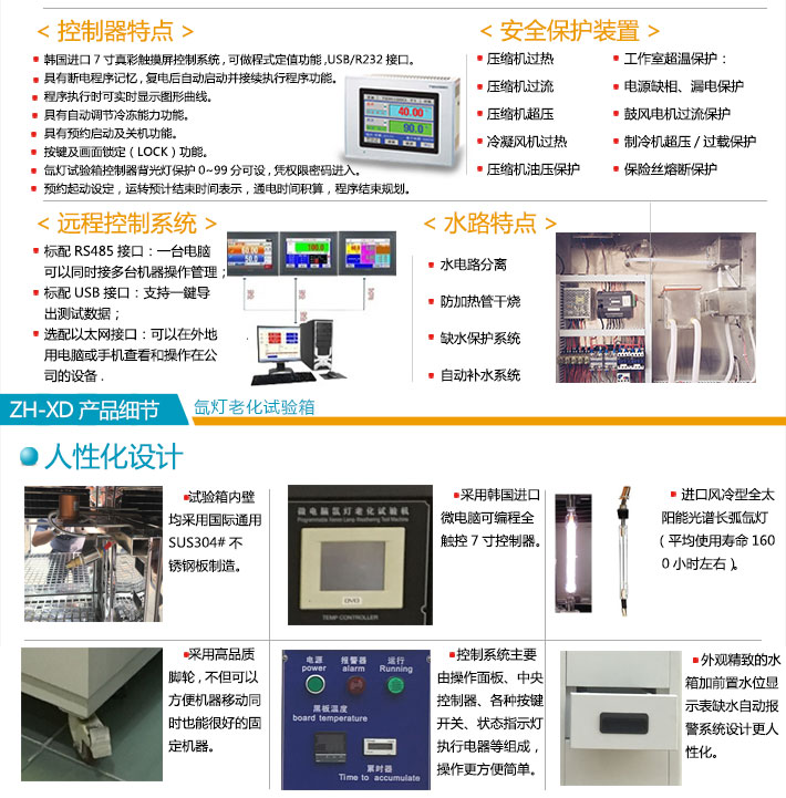 氙燈試驗箱控制器系統特點與安全裝置及產品細節說明圖
